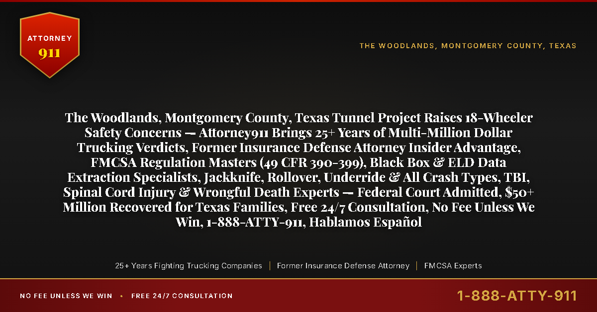 The Woodlands, Montgomery County, Texas Tunnel Project Raises 18-Wheeler Safety Concerns — Attorney911 Brings 25+ Years of Multi-Million Dollar Trucking Verdicts, Former Insurance Defense Attorney Insider Advantage, FMCSA Regulation Masters (49 CFR 390-399), Black Box & ELD Data Extraction Specialists, Jackknife, Rollover, Underride & All Crash Types, TBI, Spinal Cord Injury & Wrongful Death Experts — Federal Court Admitted, $50+ Million Recovered for Texas Families, Free 24/7 Consultation, No Fee Unless We Win, 1-888-ATTY-911, Hablamos Español - Attorney911