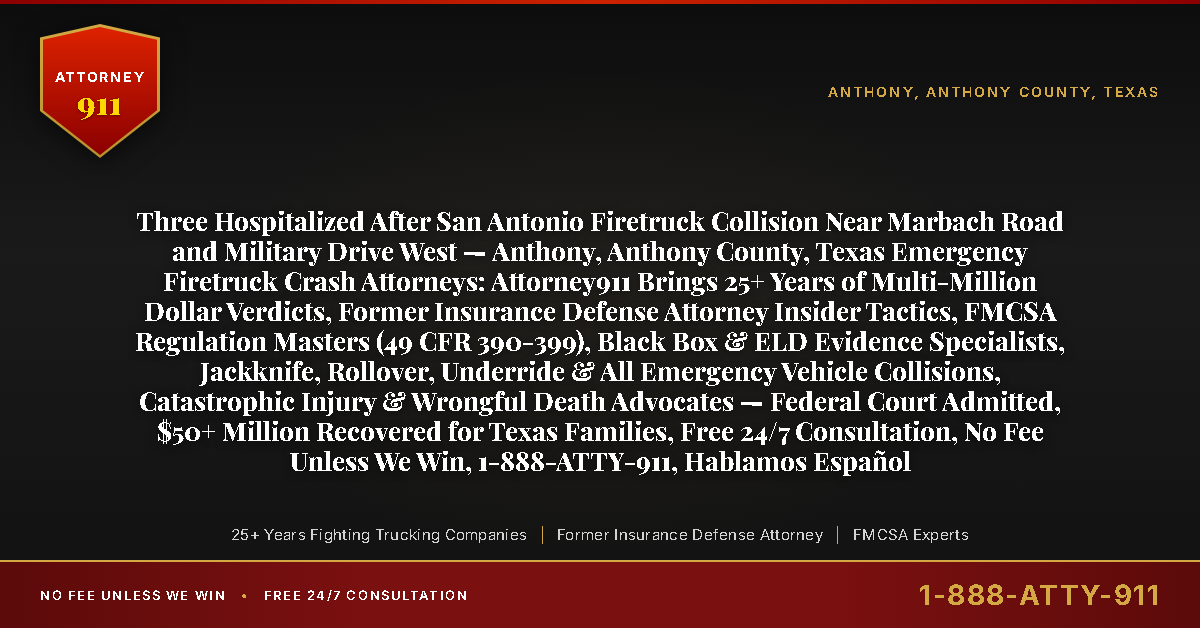 Three Hospitalized After San Antonio Firetruck Collision Near Marbach Road and Military Drive West — Anthony, Anthony County, Texas Emergency Firetruck Crash Attorneys: Attorney911 Brings 25+ Years of Multi-Million Dollar Verdicts, Former Insurance Defense Attorney Insider Tactics, FMCSA Regulation Masters (49 CFR 390-399), Black Box & ELD Evidence Specialists, Jackknife, Rollover, Underride & All Emergency Vehicle Collisions, Catastrophic Injury & Wrongful Death Advocates — Federal Court Admitted, $50+ Million Recovered for Texas Families, Free 24/7 Consultation, No Fee Unless We Win, 1-888-ATTY-911, Hablamos Español - Attorney911