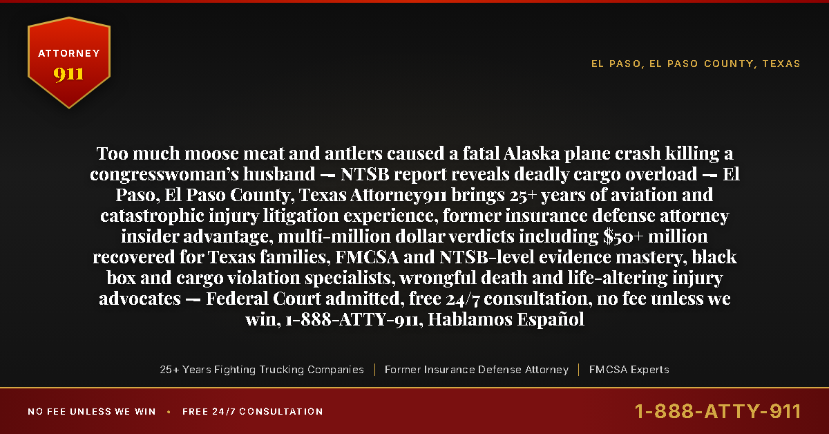 Too much moose meat and antlers caused a fatal Alaska plane crash killing a congresswoman’s husband — NTSB report reveals deadly cargo overload — El Paso, El Paso County, Texas Attorney911 brings 25+ years of aviation and catastrophic injury litigation experience, former insurance defense attorney insider advantage, multi-million dollar verdicts including $50+ million recovered for Texas families, FMCSA and NTSB-level evidence mastery, black box and cargo violation specialists, wrongful death and life-altering injury advocates — Federal Court admitted, free 24/7 consultation, no fee unless we win, 1-888-ATTY-911, Hablamos Español - Attorney911