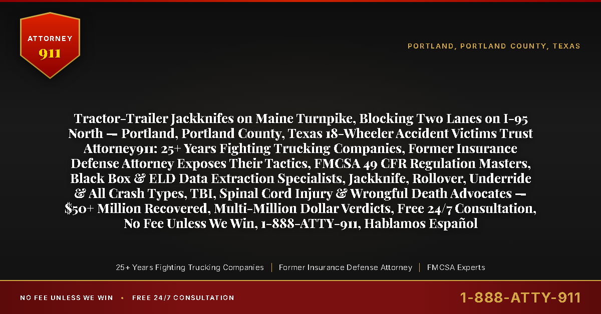 Tractor-Trailer Jackknifes on Maine Turnpike, Blocking Two Lanes on I-95 North — Portland, Portland County, Texas 18-Wheeler Accident Victims Trust Attorney911: 25+ Years Fighting Trucking Companies, Former Insurance Defense Attorney Exposes Their Tactics, FMCSA 49 CFR Regulation Masters, Black Box & ELD Data Extraction Specialists, Jackknife, Rollover, Underride & All Crash Types, TBI, Spinal Cord Injury & Wrongful Death Advocates — $50+ Million Recovered, Multi-Million Dollar Verdicts, Free 24/7 Consultation, No Fee Unless We Win, 1-888-ATTY-911, Hablamos Español - Attorney911