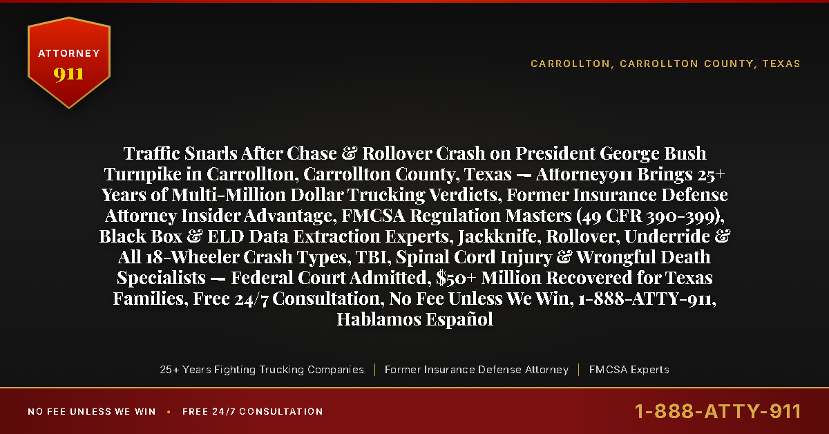 Traffic Snarls After Chase & Rollover Crash on President George Bush Turnpike in Carrollton, Carrollton County, Texas — Attorney911 Brings 25+ Years of Multi-Million Dollar Trucking Verdicts, Former Insurance Defense Attorney Insider Advantage, FMCSA Regulation Masters (49 CFR 390-399), Black Box & ELD Data Extraction Experts, Jackknife, Rollover, Underride & All 18-Wheeler Crash Types, TBI, Spinal Cord Injury & Wrongful Death Specialists — Federal Court Admitted, $50+ Million Recovered for Texas Families, Free 24/7 Consultation, No Fee Unless We Win, 1-888-ATTY-911, Hablamos Español - Attorney911