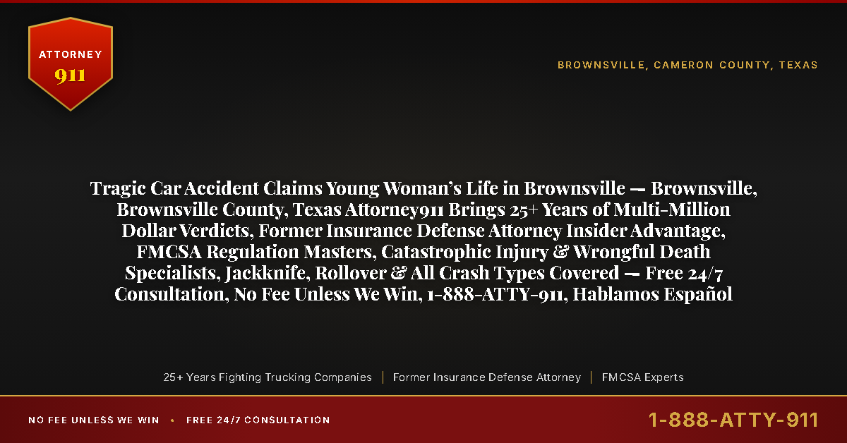 Tragic Car Accident Claims Young Woman’s Life in Brownsville — Brownsville, Brownsville County, Texas Attorney911 Brings 25+ Years of Multi-Million Dollar Verdicts, Former Insurance Defense Attorney Insider Advantage, FMCSA Regulation Masters, Catastrophic Injury & Wrongful Death Specialists, Jackknife, Rollover & All Crash Types Covered — Free 24/7 Consultation, No Fee Unless We Win, 1-888-ATTY-911, Hablamos Español - Attorney911