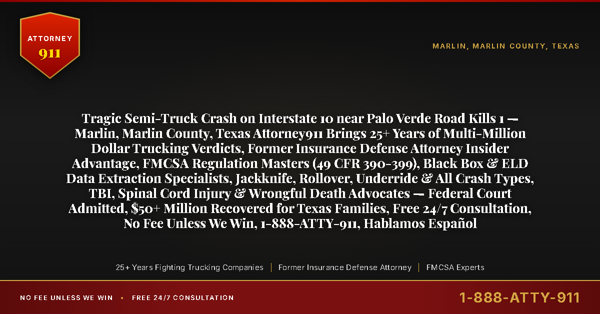 Tragic Semi-Truck Crash on Interstate 10 near Palo Verde Road Kills 1 — Marlin, Marlin County, Texas Attorney911 Brings 25+ Years of Multi-Million Dollar Trucking Verdicts, Former Insurance Defense Attorney Insider Advantage, FMCSA Regulation Masters (49 CFR 390-399), Black Box & ELD Data Extraction Specialists, Jackknife, Rollover, Underride & All Crash Types, TBI, Spinal Cord Injury & Wrongful Death Advocates — Federal Court Admitted, $50+ Million Recovered for Texas Families, Free 24/7 Consultation, No Fee Unless We Win, 1-888-ATTY-911, Hablamos Español - Attorney911
