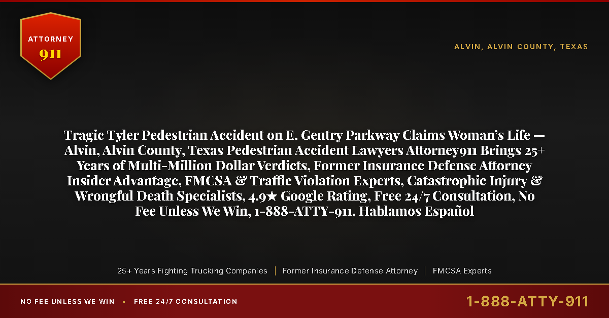 Tragic Tyler Pedestrian Accident on E. Gentry Parkway Claims Woman’s Life — Alvin, Alvin County, Texas Pedestrian Accident Lawyers Attorney911 Brings 25+ Years of Multi-Million Dollar Verdicts, Former Insurance Defense Attorney Insider Advantage, FMCSA & Traffic Violation Experts, Catastrophic Injury & Wrongful Death Specialists, 4.9★ Google Rating, Free 24/7 Consultation, No Fee Unless We Win, 1-888-ATTY-911, Hablamos Español - Attorney911