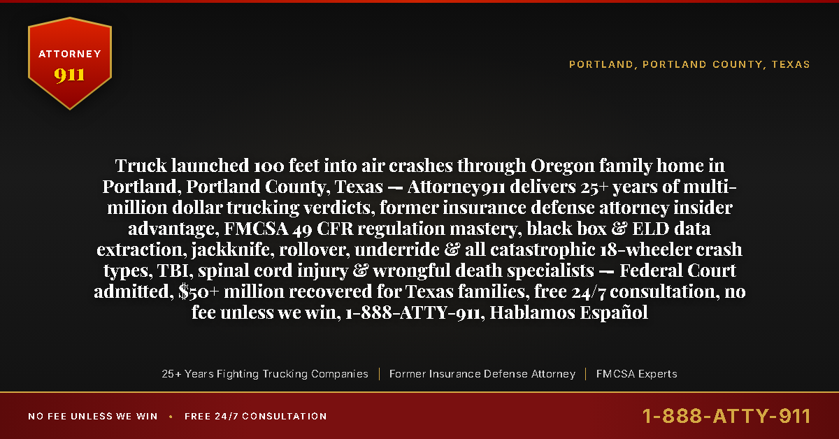 Truck launched 100 feet into air crashes through Oregon family home in Portland, Portland County, Texas — Attorney911 delivers 25+ years of multi-million dollar trucking verdicts, former insurance defense attorney insider advantage, FMCSA 49 CFR regulation mastery, black box & ELD data extraction, jackknife, rollover, underride & all catastrophic 18-wheeler crash types, TBI, spinal cord injury & wrongful death specialists — Federal Court admitted, $50+ million recovered for Texas families, free 24/7 consultation, no fee unless we win, 1-888-ATTY-911, Hablamos Español - Attorney911