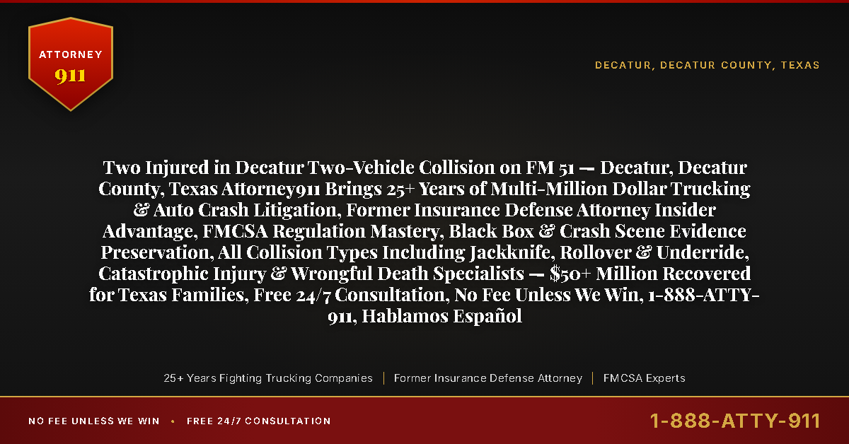 Two Injured in Decatur Two-Vehicle Collision on FM 51 — Decatur, Decatur County, Texas Attorney911 Brings 25+ Years of Multi-Million Dollar Trucking & Auto Crash Litigation, Former Insurance Defense Attorney Insider Advantage, FMCSA Regulation Mastery, Black Box & Crash Scene Evidence Preservation, All Collision Types Including Jackknife, Rollover & Underride, Catastrophic Injury & Wrongful Death Specialists — $50+ Million Recovered for Texas Families, Free 24/7 Consultation, No Fee Unless We Win, 1-888-ATTY-911, Hablamos Español - Attorney911