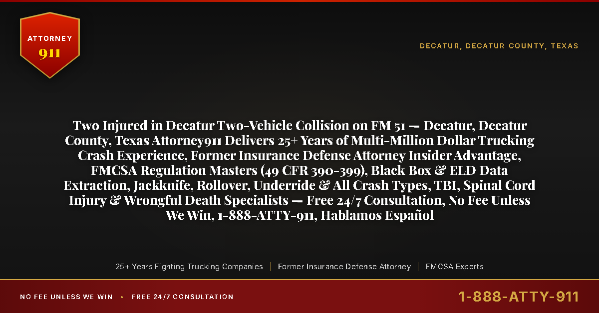 Two Injured in Decatur Two-Vehicle Collision on FM 51 — Decatur, Decatur County, Texas Attorney911 Delivers 25+ Years of Multi-Million Dollar Trucking Crash Experience, Former Insurance Defense Attorney Insider Advantage, FMCSA Regulation Masters (49 CFR 390-399), Black Box & ELD Data Extraction, Jackknife, Rollover, Underride & All Crash Types, TBI, Spinal Cord Injury & Wrongful Death Specialists — Free 24/7 Consultation, No Fee Unless We Win, 1-888-ATTY-911, Hablamos Español - Attorney911