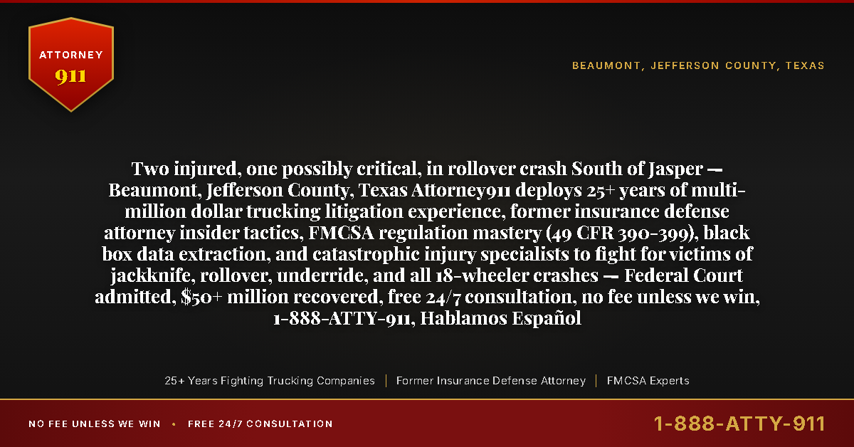 Two injured, one possibly critical, in rollover crash South of Jasper — Beaumont, Jefferson County, Texas Attorney911 deploys 25+ years of multi-million dollar trucking litigation experience, former insurance defense attorney insider tactics, FMCSA regulation mastery (49 CFR 390-399), black box data extraction, and catastrophic injury specialists to fight for victims of jackknife, rollover, underride, and all 18-wheeler crashes — Federal Court admitted, $50+ million recovered, free 24/7 consultation, no fee unless we win, 1-888-ATTY-911, Hablamos Español - Attorney911