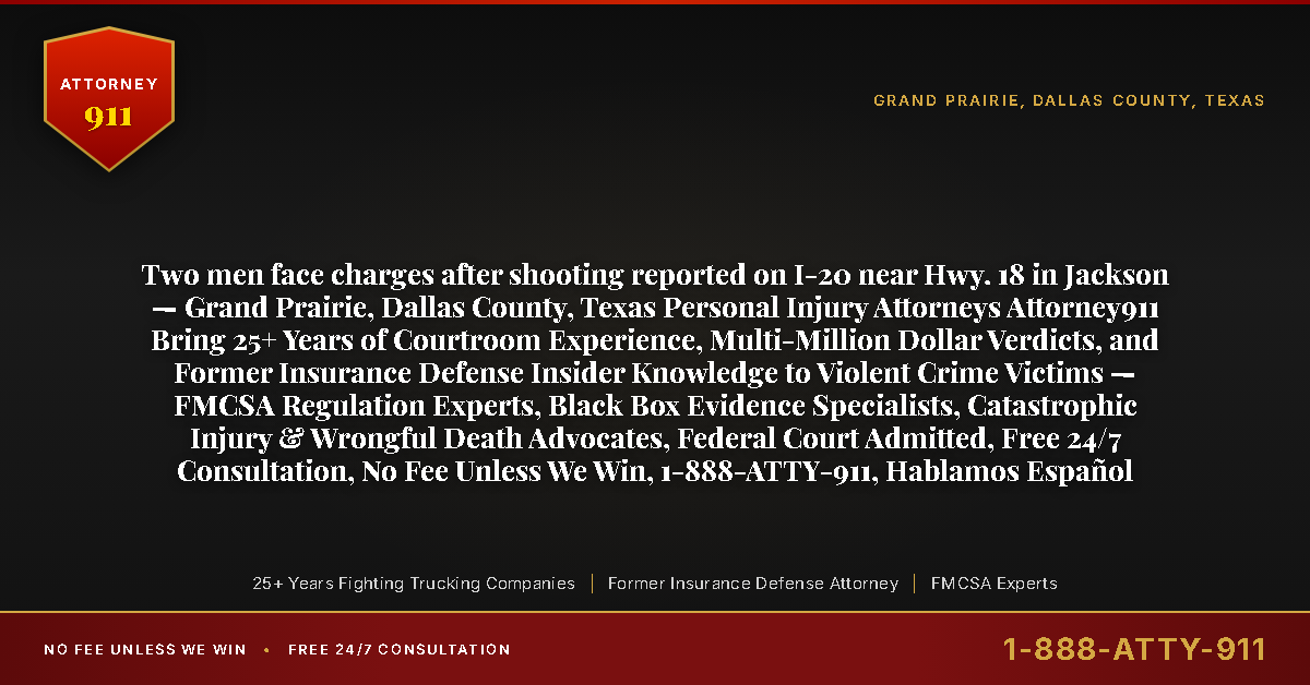 Two men face charges after shooting reported on I-20 near Hwy. 18 in Jackson — Grand Prairie, Dallas County, Texas Personal Injury Attorneys Attorney911 Bring 25+ Years of Courtroom Experience, Multi-Million Dollar Verdicts, and Former Insurance Defense Insider Knowledge to Violent Crime Victims — FMCSA Regulation Experts, Black Box Evidence Specialists, Catastrophic Injury & Wrongful Death Advocates, Federal Court Admitted, Free 24/7 Consultation, No Fee Unless We Win, 1-888-ATTY-911, Hablamos Español - Attorney911