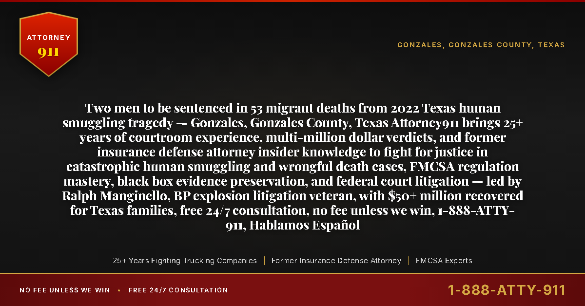 Two men to be sentenced in 53 migrant deaths from 2022 Texas human smuggling tragedy — Gonzales, Gonzales County, Texas Attorney911 brings 25+ years of courtroom experience, multi-million dollar verdicts, and former insurance defense attorney insider knowledge to fight for justice in catastrophic human smuggling and wrongful death cases, FMCSA regulation mastery, black box evidence preservation, and federal court litigation — led by Ralph Manginello, BP explosion litigation veteran, with $50+ million recovered for Texas families, free 24/7 consultation, no fee unless we win, 1-888-ATTY-911, Hablamos Español - Attorney911