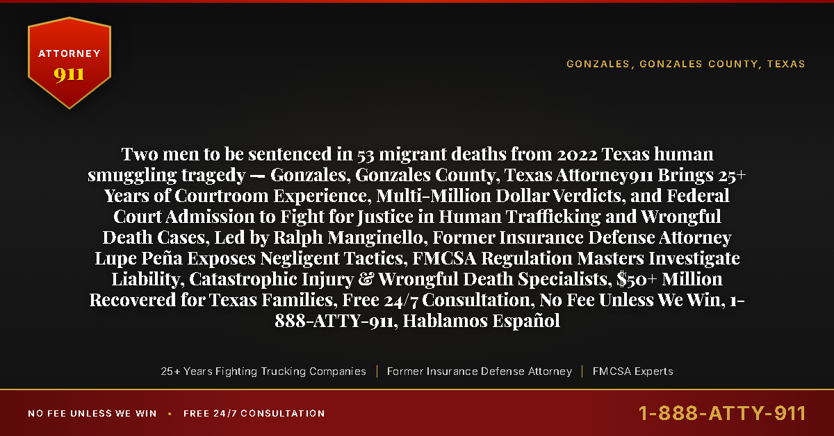 Two men to be sentenced in 53 migrant deaths from 2022 Texas human smuggling tragedy — Gonzales, Gonzales County, Texas Attorney911 Brings 25+ Years of Courtroom Experience, Multi-Million Dollar Verdicts, and Federal Court Admission to Fight for Justice in Human Trafficking and Wrongful Death Cases, Led by Ralph Manginello, Former Insurance Defense Attorney Lupe Peña Exposes Negligent Tactics, FMCSA Regulation Masters Investigate Liability, Catastrophic Injury & Wrongful Death Specialists, $50+ Million Recovered for Texas Families, Free 24/7 Consultation, No Fee Unless We Win, 1-888-ATTY-911, Hablamos Español - Attorney911