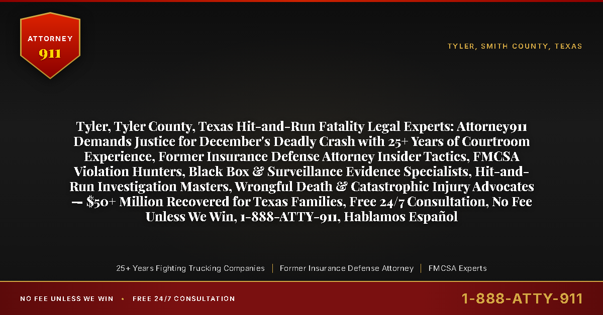 Tyler, Tyler County, Texas Hit-and-Run Fatality Legal Experts: Attorney911 Demands Justice for December's Deadly Crash with 25+ Years of Courtroom Experience, Former Insurance Defense Attorney Insider Tactics, FMCSA Violation Hunters, Black Box & Surveillance Evidence Specialists, Hit-and-Run Investigation Masters, Wrongful Death & Catastrophic Injury Advocates — $50+ Million Recovered for Texas Families, Free 24/7 Consultation, No Fee Unless We Win, 1-888-ATTY-911, Hablamos Español - Attorney911