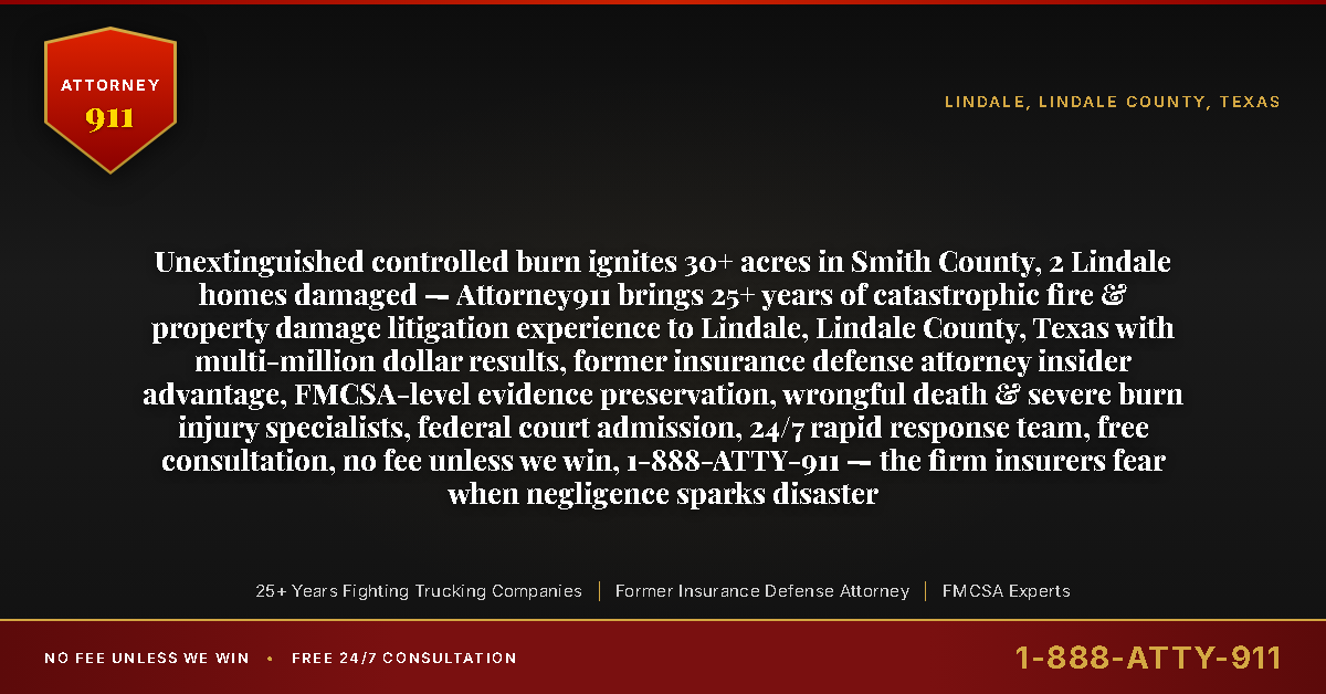 Unextinguished controlled burn ignites 30+ acres in Smith County, 2 Lindale homes damaged — Attorney911 brings 25+ years of catastrophic fire & property damage litigation experience to Lindale, Lindale County, Texas with multi-million dollar results, former insurance defense attorney insider advantage, FMCSA-level evidence preservation, wrongful death & severe burn injury specialists, federal court admission, 24/7 rapid response team, free consultation, no fee unless we win, 1-888-ATTY-911 — the firm insurers fear when negligence sparks disaster - Attorney911