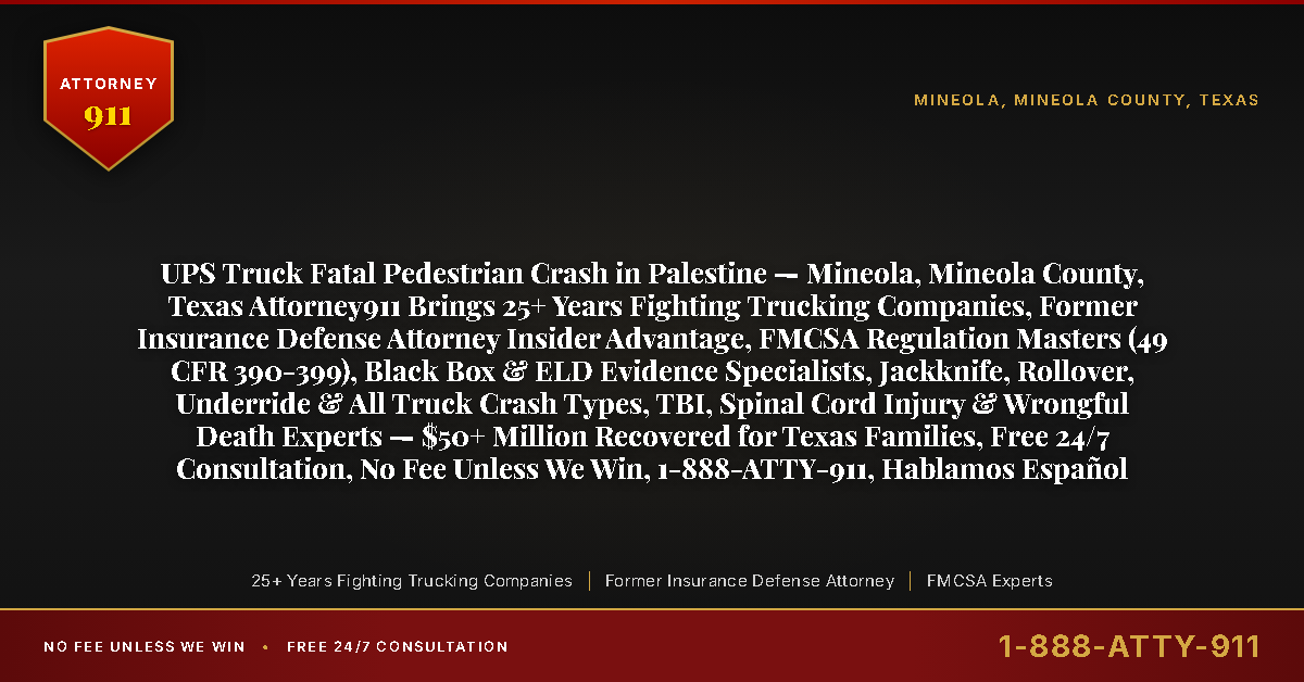 UPS Truck Fatal Pedestrian Crash in Palestine — Mineola, Mineola County, Texas Attorney911 Brings 25+ Years Fighting Trucking Companies, Former Insurance Defense Attorney Insider Advantage, FMCSA Regulation Masters (49 CFR 390-399), Black Box & ELD Evidence Specialists, Jackknife, Rollover, Underride & All Truck Crash Types, TBI, Spinal Cord Injury & Wrongful Death Experts — $50+ Million Recovered for Texas Families, Free 24/7 Consultation, No Fee Unless We Win, 1-888-ATTY-911, Hablamos Español - Attorney911