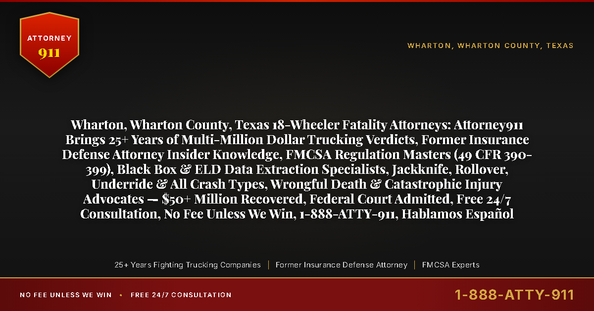 Wharton, Wharton County, Texas 18-Wheeler Fatality Attorneys: Attorney911 Brings 25+ Years of Multi-Million Dollar Trucking Verdicts, Former Insurance Defense Attorney Insider Knowledge, FMCSA Regulation Masters (49 CFR 390-399), Black Box & ELD Data Extraction Specialists, Jackknife, Rollover, Underride & All Crash Types, Wrongful Death & Catastrophic Injury Advocates — $50+ Million Recovered, Federal Court Admitted, Free 24/7 Consultation, No Fee Unless We Win, 1-888-ATTY-911, Hablamos Español - Attorney911