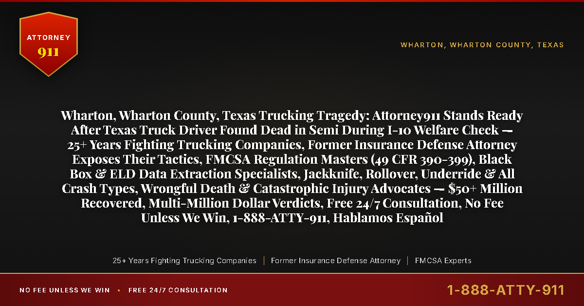 Wharton, Wharton County, Texas Trucking Tragedy: Attorney911 Stands Ready After Texas Truck Driver Found Dead in Semi During I-10 Welfare Check — 25+ Years Fighting Trucking Companies, Former Insurance Defense Attorney Exposes Their Tactics, FMCSA Regulation Masters (49 CFR 390-399), Black Box & ELD Data Extraction Specialists, Jackknife, Rollover, Underride & All Crash Types, Wrongful Death & Catastrophic Injury Advocates — $50+ Million Recovered, Multi-Million Dollar Verdicts, Free 24/7 Consultation, No Fee Unless We Win, 1-888-ATTY-911, Hablamos Español - Attorney911