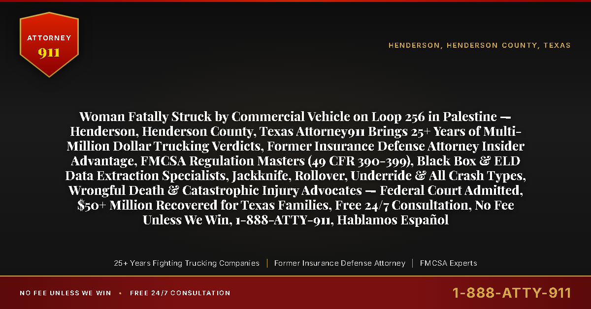 Woman Fatally Struck by Commercial Vehicle on Loop 256 in Palestine — Henderson, Henderson County, Texas Attorney911 Brings 25+ Years of Multi-Million Dollar Trucking Verdicts, Former Insurance Defense Attorney Insider Advantage, FMCSA Regulation Masters (49 CFR 390-399), Black Box & ELD Data Extraction Specialists, Jackknife, Rollover, Underride & All Crash Types, Wrongful Death & Catastrophic Injury Advocates — Federal Court Admitted, $50+ Million Recovered for Texas Families, Free 24/7 Consultation, No Fee Unless We Win, 1-888-ATTY-911, Hablamos Español - Attorney911