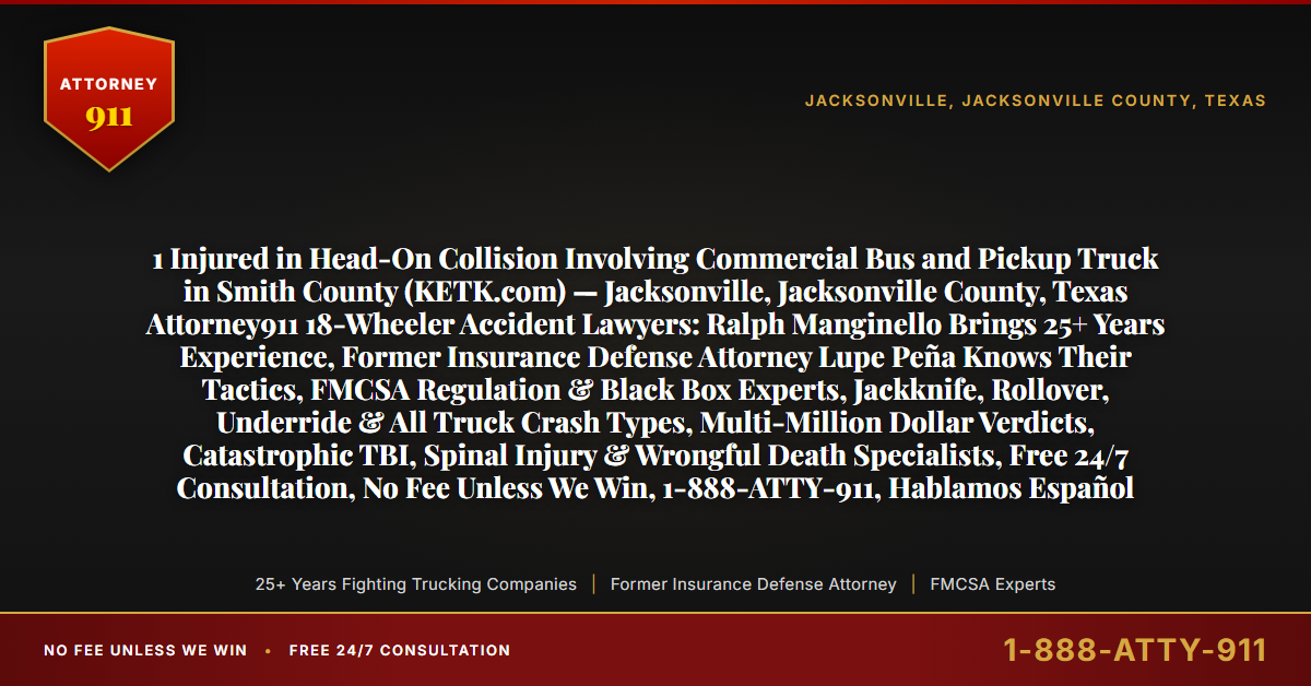 1 Injured in Head-On Collision Involving Commercial Bus and Pickup Truck in Smith County (KETK.com) — Jacksonville, Jacksonville County, Texas Attorney911 18-Wheeler Accident Lawyers: Ralph Manginello Brings 25+ Years Experience, Former Insurance Defense Attorney Lupe Peña Knows Their Tactics, FMCSA Regulation & Black Box Experts, Jackknife, Rollover, Underride & All Truck Crash Types, Multi-Million Dollar Verdicts, Catastrophic TBI, Spinal Injury & Wrongful Death Specialists, Free 24/7 Consultation, No Fee Unless We Win, 1-888-ATTY-911, Hablamos Español - Attorney911