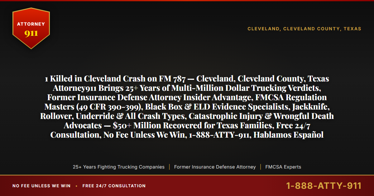 1 Killed in Cleveland Crash on FM 787 — Cleveland, Cleveland County, Texas Attorney911 Brings 25+ Years of Multi-Million Dollar Trucking Verdicts, Former Insurance Defense Attorney Insider Advantage, FMCSA Regulation Masters (49 CFR 390-399), Black Box & ELD Evidence Specialists, Jackknife, Rollover, Underride & All Crash Types, Catastrophic Injury & Wrongful Death Advocates — $50+ Million Recovered for Texas Families, Free 24/7 Consultation, No Fee Unless We Win, 1-888-ATTY-911, Hablamos Español - Attorney911