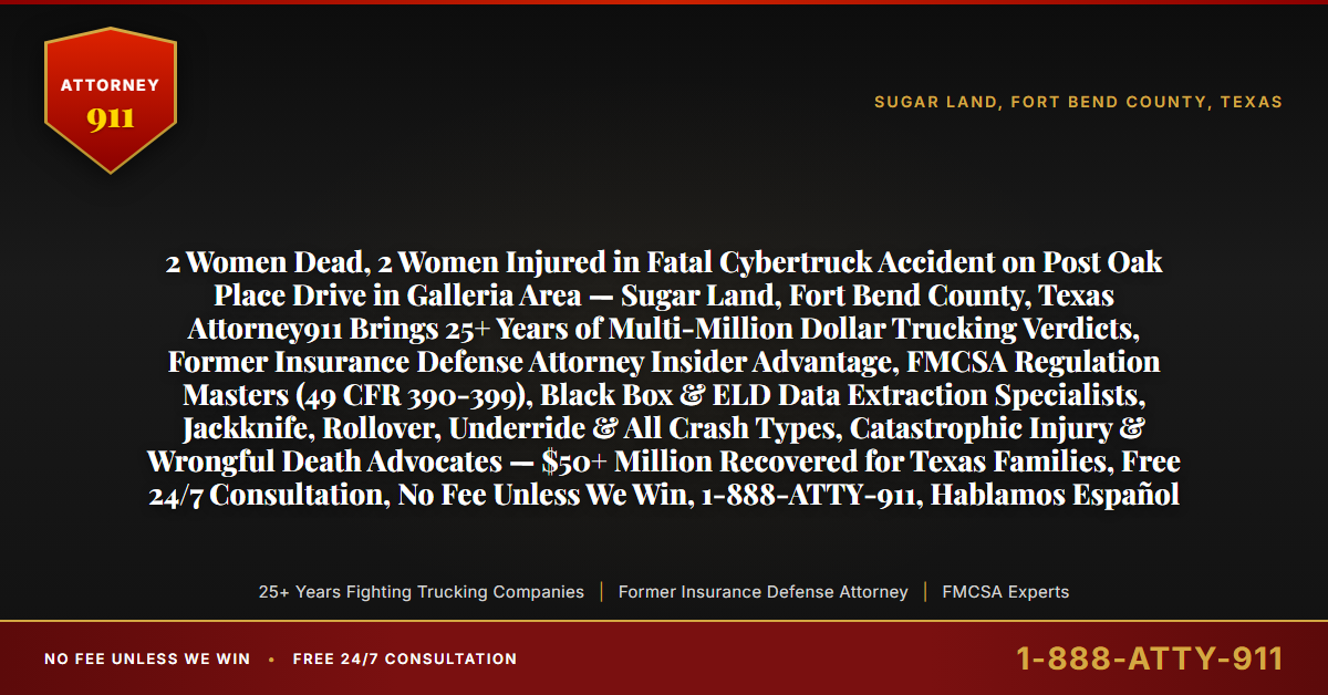 2 Women Dead, 2 Women Injured in Fatal Cybertruck Accident on Post Oak Place Drive in Galleria Area — Sugar Land, Fort Bend County, Texas Attorney911 Brings 25+ Years of Multi-Million Dollar Trucking Verdicts, Former Insurance Defense Attorney Insider Advantage, FMCSA Regulation Masters (49 CFR 390-399), Black Box & ELD Data Extraction Specialists, Jackknife, Rollover, Underride & All Crash Types, Catastrophic Injury & Wrongful Death Advocates — $50+ Million Recovered for Texas Families, Free 24/7 Consultation, No Fee Unless We Win, 1-888-ATTY-911, Hablamos Español - Attorney911