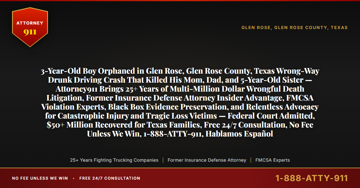 3-Year-Old Boy Orphaned in Glen Rose, Glen Rose County, Texas Wrong-Way Drunk Driving Crash That Killed His Mom, Dad, and 5-Year-Old Sister — Attorney911 Brings 25+ Years of Multi-Million Dollar Wrongful Death Litigation, Former Insurance Defense Attorney Insider Advantage, FMCSA Violation Experts, Black Box Evidence Preservation, and Relentless Advocacy for Catastrophic Injury and Tragic Loss Victims — Federal Court Admitted, $50+ Million Recovered for Texas Families, Free 24/7 Consultation, No Fee Unless We Win, 1-888-ATTY-911, Hablamos Español - Attorney911