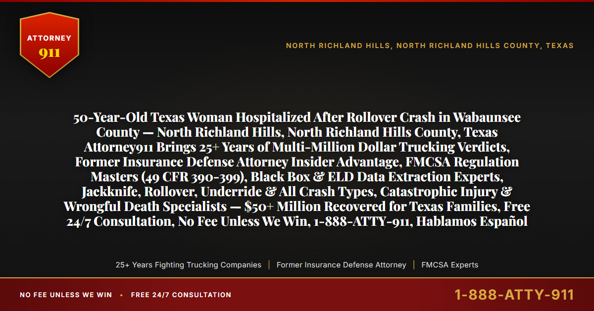 50-Year-Old Texas Woman Hospitalized After Rollover Crash in Wabaunsee County — North Richland Hills, North Richland Hills County, Texas Attorney911 Brings 25+ Years of Multi-Million Dollar Trucking Verdicts, Former Insurance Defense Attorney Insider Advantage, FMCSA Regulation Masters (49 CFR 390-399), Black Box & ELD Data Extraction Experts, Jackknife, Rollover, Underride & All Crash Types, Catastrophic Injury & Wrongful Death Specialists — $50+ Million Recovered for Texas Families, Free 24/7 Consultation, No Fee Unless We Win, 1-888-ATTY-911, Hablamos Español - Attorney911