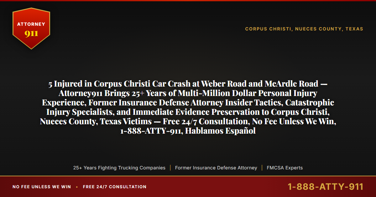 5 Injured in Corpus Christi Car Crash at Weber Road and McArdle Road — Attorney911 Brings 25+ Years of Multi-Million Dollar Personal Injury Experience, Former Insurance Defense Attorney Insider Tactics, Catastrophic Injury Specialists, and Immediate Evidence Preservation to Corpus Christi, Nueces County, Texas Victims — Free 24/7 Consultation, No Fee Unless We Win, 1-888-ATTY-911, Hablamos Español - Attorney911