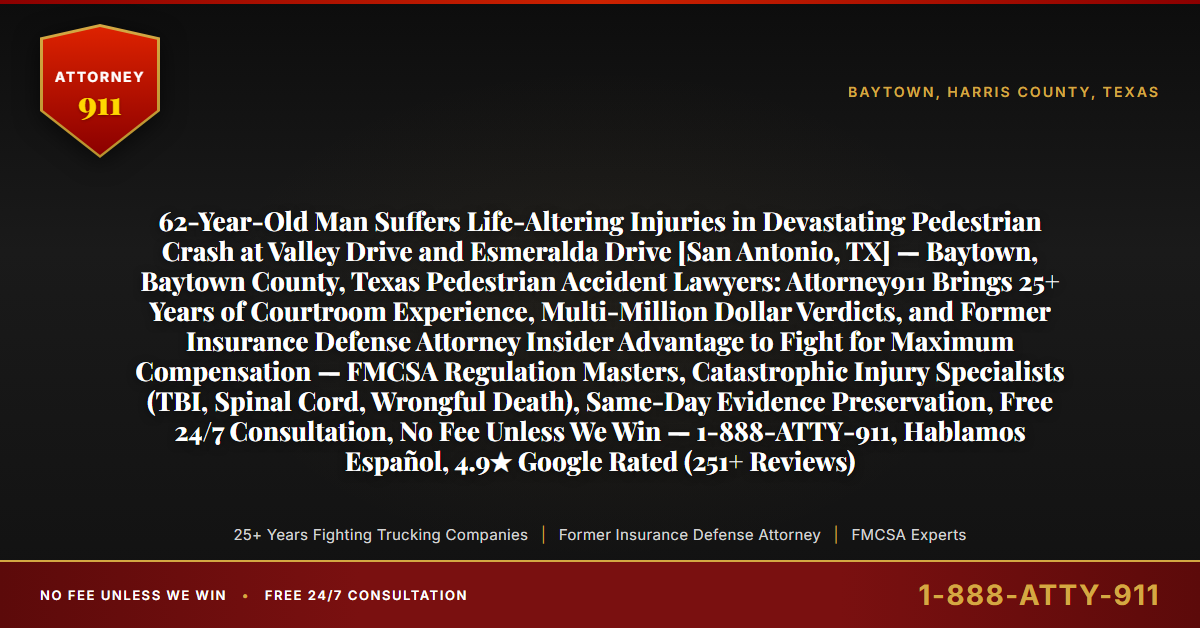 62-Year-Old Man Suffers Life-Altering Injuries in Devastating Pedestrian Crash at Valley Drive and Esmeralda Drive [San Antonio, TX] — Baytown, Baytown County, Texas Pedestrian Accident Lawyers: Attorney911 Brings 25+ Years of Courtroom Experience, Multi-Million Dollar Verdicts, and Former Insurance Defense Attorney Insider Advantage to Fight for Maximum Compensation — FMCSA Regulation Masters, Catastrophic Injury Specialists (TBI, Spinal Cord, Wrongful Death), Same-Day Evidence Preservation, Free 24/7 Consultation, No Fee Unless We Win — 1-888-ATTY-911, Hablamos Español, 4.9★ Google Rated (251+ Reviews) - Attorney911
