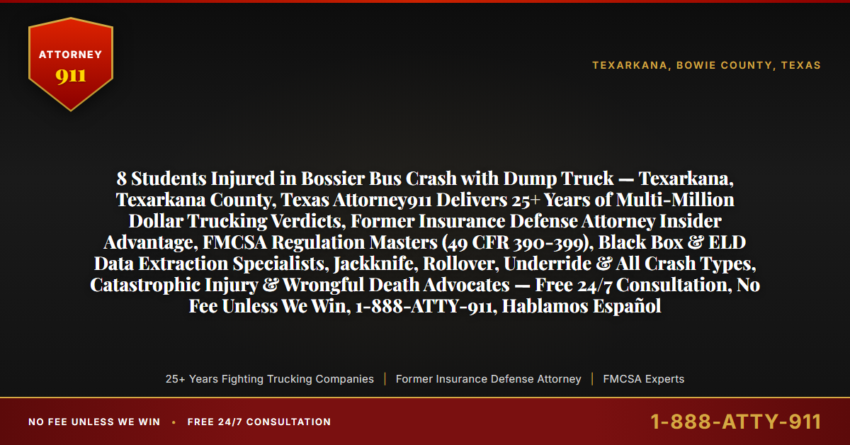 8 Students Injured in Bossier Bus Crash with Dump Truck — Texarkana, Texarkana County, Texas Attorney911 Delivers 25+ Years of Multi-Million Dollar Trucking Verdicts, Former Insurance Defense Attorney Insider Advantage, FMCSA Regulation Masters (49 CFR 390-399), Black Box & ELD Data Extraction Specialists, Jackknife, Rollover, Underride & All Crash Types, Catastrophic Injury & Wrongful Death Advocates — Free 24/7 Consultation, No Fee Unless We Win, 1-888-ATTY-911, Hablamos Español - Attorney911