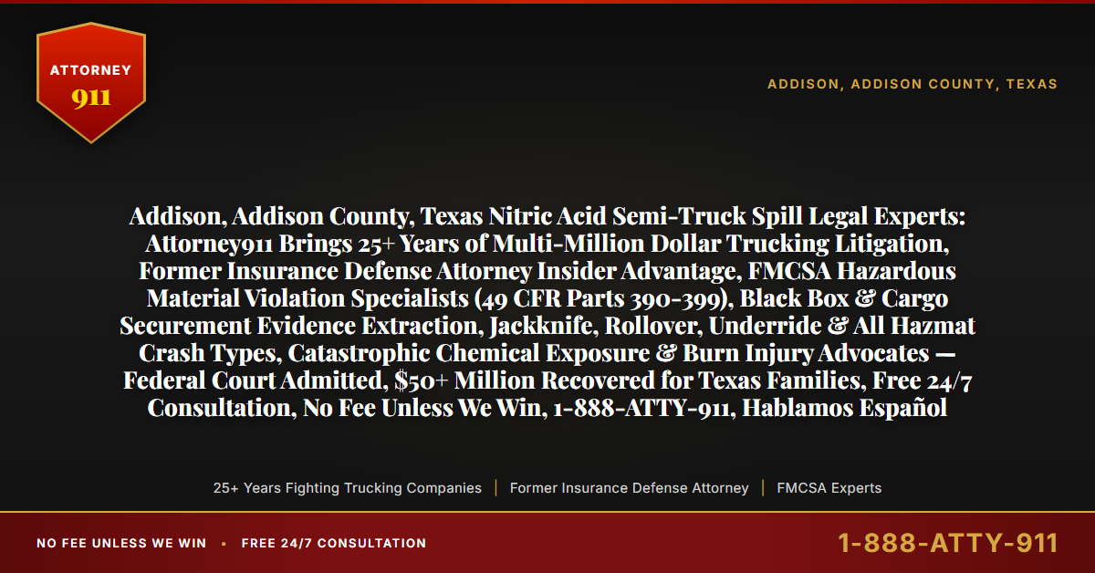 Addison, Addison County, Texas Nitric Acid Semi-Truck Spill Legal Experts: Attorney911 Brings 25+ Years of Multi-Million Dollar Trucking Litigation, Former Insurance Defense Attorney Insider Advantage, FMCSA Hazardous Material Violation Specialists (49 CFR Parts 390-399), Black Box & Cargo Securement Evidence Extraction, Jackknife, Rollover, Underride & All Hazmat Crash Types, Catastrophic Chemical Exposure & Burn Injury Advocates — Federal Court Admitted, $50+ Million Recovered for Texas Families, Free 24/7 Consultation, No Fee Unless We Win, 1-888-ATTY-911, Hablamos Español - Attorney911