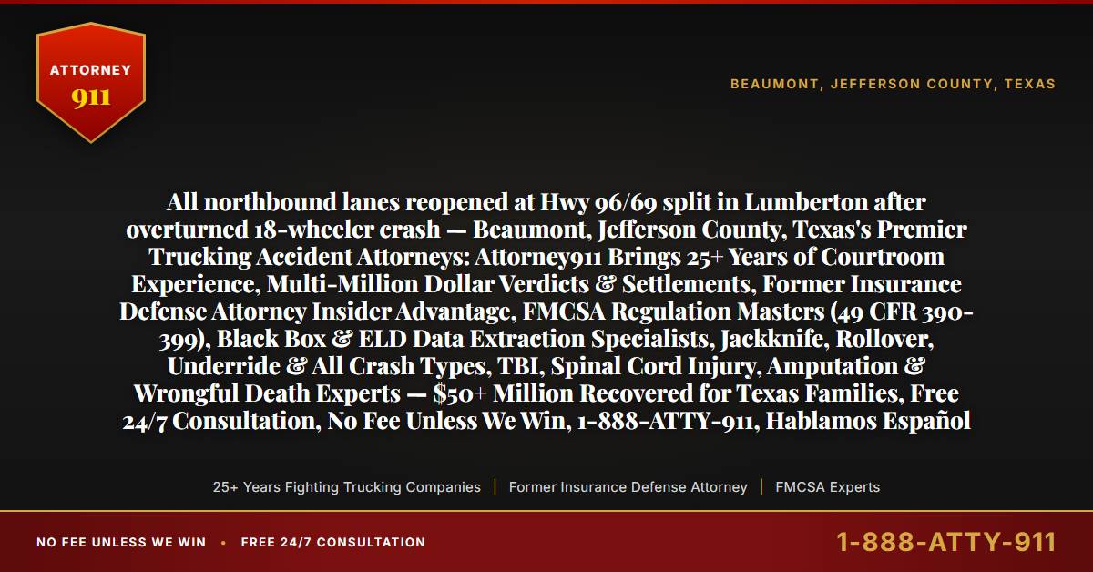 All northbound lanes reopened at Hwy 96/69 split in Lumberton after overturned 18-wheeler crash — Beaumont, Jefferson County, Texas's Premier Trucking Accident Attorneys: Attorney911 Brings 25+ Years of Courtroom Experience, Multi-Million Dollar Verdicts & Settlements, Former Insurance Defense Attorney Insider Advantage, FMCSA Regulation Masters (49 CFR 390-399), Black Box & ELD Data Extraction Specialists, Jackknife, Rollover, Underride & All Crash Types, TBI, Spinal Cord Injury, Amputation & Wrongful Death Experts — $50+ Million Recovered for Texas Families, Free 24/7 Consultation, No Fee Unless We Win, 1-888-ATTY-911, Hablamos Español - Attorney911
