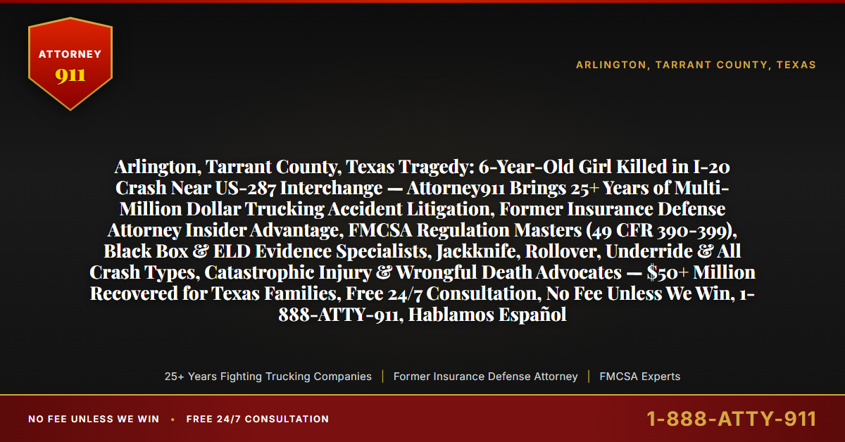 Arlington, Tarrant County, Texas Tragedy: 6-Year-Old Girl Killed in I-20 Crash Near US-287 Interchange — Attorney911 Brings 25+ Years of Multi-Million Dollar Trucking Accident Litigation, Former Insurance Defense Attorney Insider Advantage, FMCSA Regulation Masters (49 CFR 390-399), Black Box & ELD Evidence Specialists, Jackknife, Rollover, Underride & All Crash Types, Catastrophic Injury & Wrongful Death Advocates — $50+ Million Recovered for Texas Families, Free 24/7 Consultation, No Fee Unless We Win, 1-888-ATTY-911, Hablamos Español - Attorney911