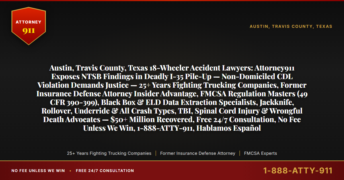 Austin, Travis County, Texas 18-Wheeler Accident Lawyers: Attorney911 Exposes NTSB Findings in Deadly I-35 Pile-Up — Non-Domiciled CDL Violation Demands Justice — 25+ Years Fighting Trucking Companies, Former Insurance Defense Attorney Insider Advantage, FMCSA Regulation Masters (49 CFR 390-399), Black Box & ELD Data Extraction Specialists, Jackknife, Rollover, Underride & All Crash Types, TBI, Spinal Cord Injury & Wrongful Death Advocates — $50+ Million Recovered, Free 24/7 Consultation, No Fee Unless We Win, 1-888-ATTY-911, Hablamos Español - Attorney911