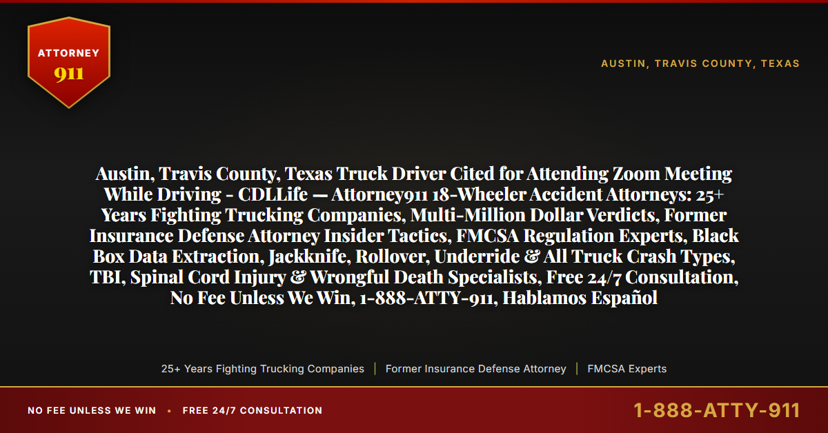 Austin, Travis County, Texas Truck Driver Cited for Attending Zoom Meeting While Driving - CDLLife — Attorney911 18-Wheeler Accident Attorneys: 25+ Years Fighting Trucking Companies, Multi-Million Dollar Verdicts, Former Insurance Defense Attorney Insider Tactics, FMCSA Regulation Experts, Black Box Data Extraction, Jackknife, Rollover, Underride & All Truck Crash Types, TBI, Spinal Cord Injury & Wrongful Death Specialists, Free 24/7 Consultation, No Fee Unless We Win, 1-888-ATTY-911, Hablamos Español - Attorney911