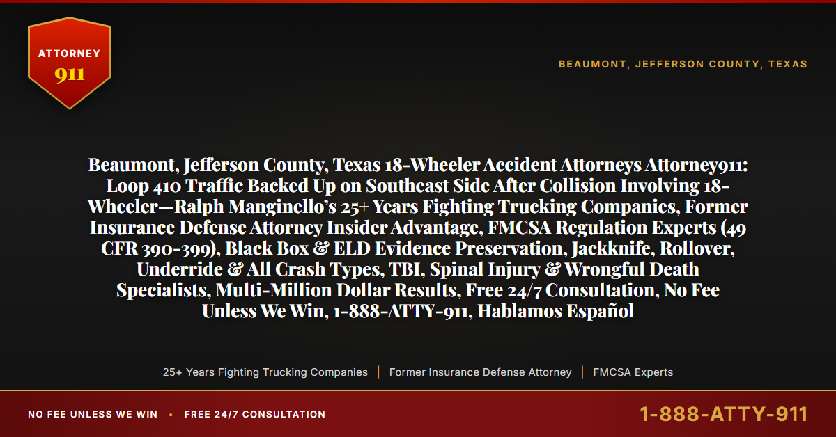 Beaumont, Jefferson County, Texas 18-Wheeler Accident Attorneys Attorney911: Loop 410 Traffic Backed Up on Southeast Side After Collision Involving 18-Wheeler—Ralph Manginello’s 25+ Years Fighting Trucking Companies, Former Insurance Defense Attorney Insider Advantage, FMCSA Regulation Experts (49 CFR 390-399), Black Box & ELD Evidence Preservation, Jackknife, Rollover, Underride & All Crash Types, TBI, Spinal Injury & Wrongful Death Specialists, Multi-Million Dollar Results, Free 24/7 Consultation, No Fee Unless We Win, 1-888-ATTY-911, Hablamos Español - Attorney911