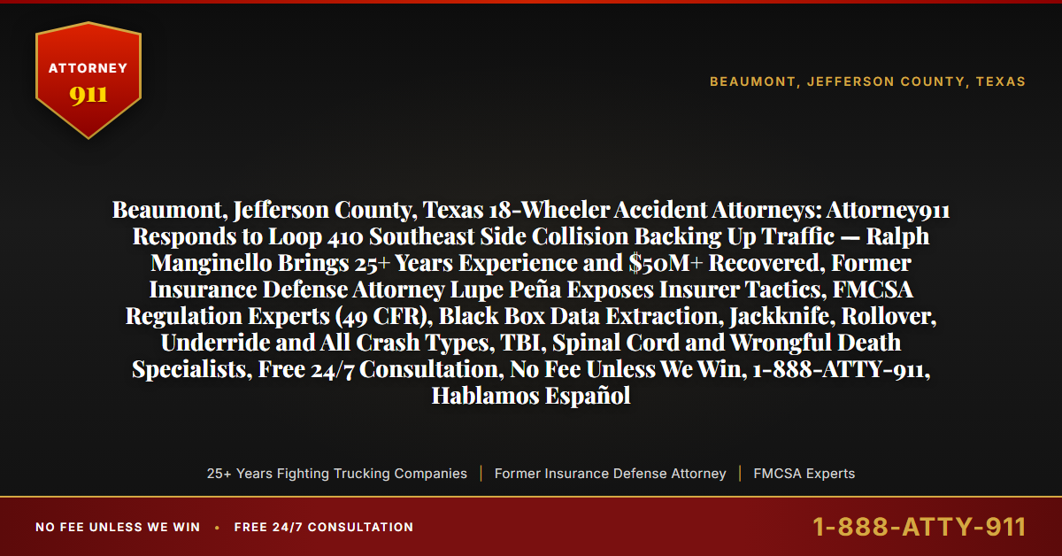 Beaumont, Jefferson County, Texas 18-Wheeler Accident Attorneys: Attorney911 Responds to Loop 410 Southeast Side Collision Backing Up Traffic — Ralph Manginello Brings 25+ Years Experience and $50M+ Recovered, Former Insurance Defense Attorney Lupe Peña Exposes Insurer Tactics, FMCSA Regulation Experts (49 CFR), Black Box Data Extraction, Jackknife, Rollover, Underride and All Crash Types, TBI, Spinal Cord and Wrongful Death Specialists, Free 24/7 Consultation, No Fee Unless We Win, 1-888-ATTY-911, Hablamos Español - Attorney911
