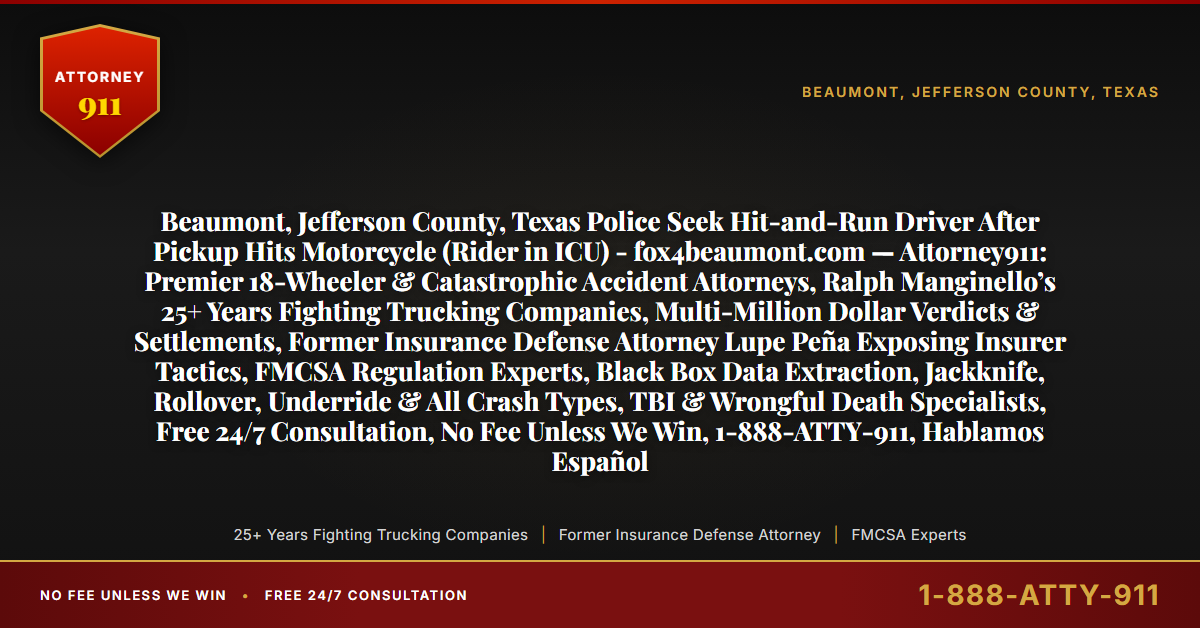 Beaumont, Jefferson County, Texas Police Seek Hit-and-Run Driver After Pickup Hits Motorcycle (Rider in ICU) - fox4beaumont.com — Attorney911: Premier 18-Wheeler & Catastrophic Accident Attorneys, Ralph Manginello’s 25+ Years Fighting Trucking Companies, Multi-Million Dollar Verdicts & Settlements, Former Insurance Defense Attorney Lupe Peña Exposing Insurer Tactics, FMCSA Regulation Experts, Black Box Data Extraction, Jackknife, Rollover, Underride & All Crash Types, TBI & Wrongful Death Specialists, Free 24/7 Consultation, No Fee Unless We Win, 1-888-ATTY-911, Hablamos Español - Attorney911