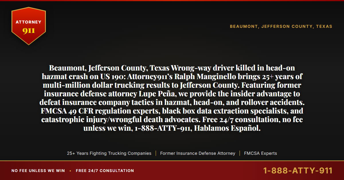 Beaumont, Jefferson County, Texas Wrong-way driver killed in head-on hazmat crash on US 190: Attorney911’s Ralph Manginello brings 25+ years of multi-million dollar trucking results to Jefferson County. Featuring former insurance defense attorney Lupe Peña, we provide the insider advantage to defeat insurance company tactics in hazmat, head-on, and rollover accidents. FMCSA 49 CFR regulation experts, black box data extraction specialists, and catastrophic injury/wrongful death advocates. Free 24/7 consultation, no fee unless we win, 1-888-ATTY-911, Hablamos Español. - Attorney911