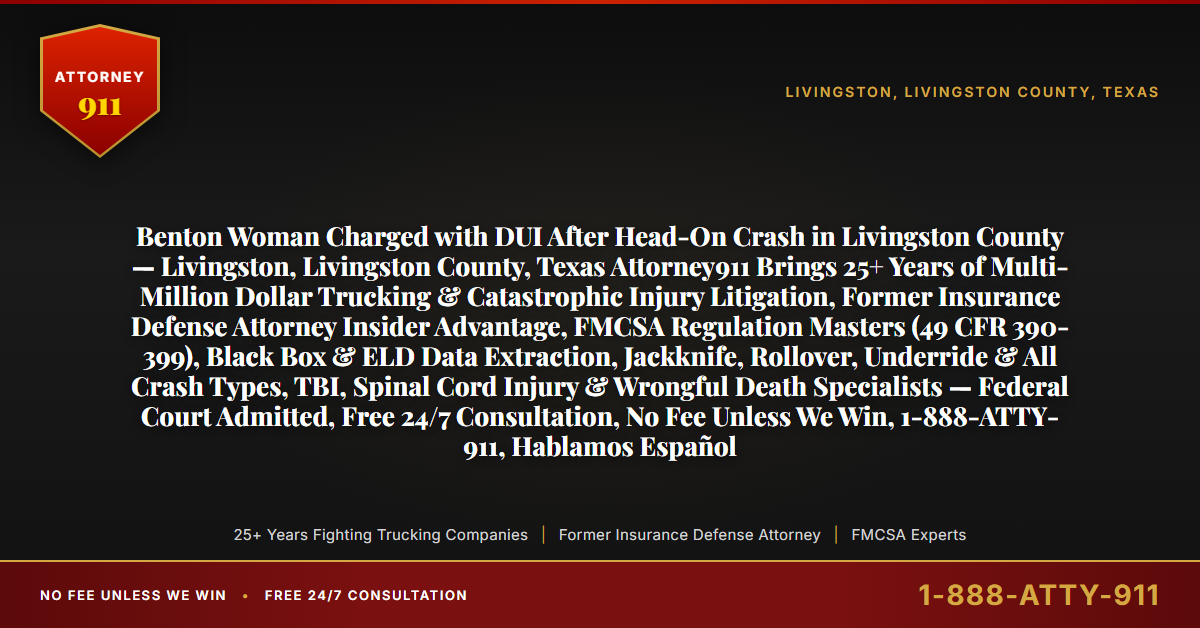 Benton Woman Charged with DUI After Head-On Crash in Livingston County — Livingston, Livingston County, Texas Attorney911 Brings 25+ Years of Multi-Million Dollar Trucking & Catastrophic Injury Litigation, Former Insurance Defense Attorney Insider Advantage, FMCSA Regulation Masters (49 CFR 390-399), Black Box & ELD Data Extraction, Jackknife, Rollover, Underride & All Crash Types, TBI, Spinal Cord Injury & Wrongful Death Specialists — Federal Court Admitted, Free 24/7 Consultation, No Fee Unless We Win, 1-888-ATTY-911, Hablamos Español - Attorney911