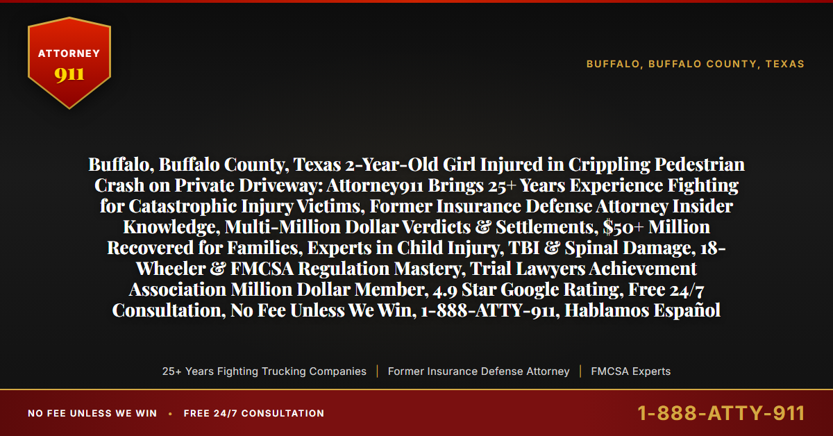 Buffalo, Buffalo County, Texas 2-Year-Old Girl Injured in Crippling Pedestrian Crash on Private Driveway: Attorney911 Brings 25+ Years Experience Fighting for Catastrophic Injury Victims, Former Insurance Defense Attorney Insider Knowledge, Multi-Million Dollar Verdicts & Settlements, $50+ Million Recovered for Families, Experts in Child Injury, TBI & Spinal Damage, 18-Wheeler & FMCSA Regulation Mastery, Trial Lawyers Achievement Association Million Dollar Member, 4.9 Star Google Rating, Free 24/7 Consultation, No Fee Unless We Win, 1-888-ATTY-911, Hablamos Español - Attorney911