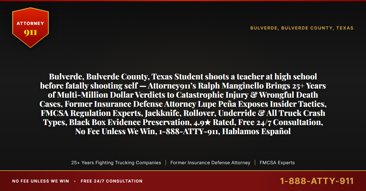 Bulverde, Bulverde County, Texas Student shoots a teacher at high school before fatally shooting self — Attorney911’s Ralph Manginello Brings 25+ Years of Multi-Million Dollar Verdicts to Catastrophic Injury & Wrongful Death Cases, Former Insurance Defense Attorney Lupe Peña Exposes Insider Tactics, FMCSA Regulation Experts, Jackknife, Rollover, Underride & All Truck Crash Types, Black Box Evidence Preservation, 4.9★ Rated, Free 24/7 Consultation, No Fee Unless We Win, 1-888-ATTY-911, Hablamos Español - Attorney911