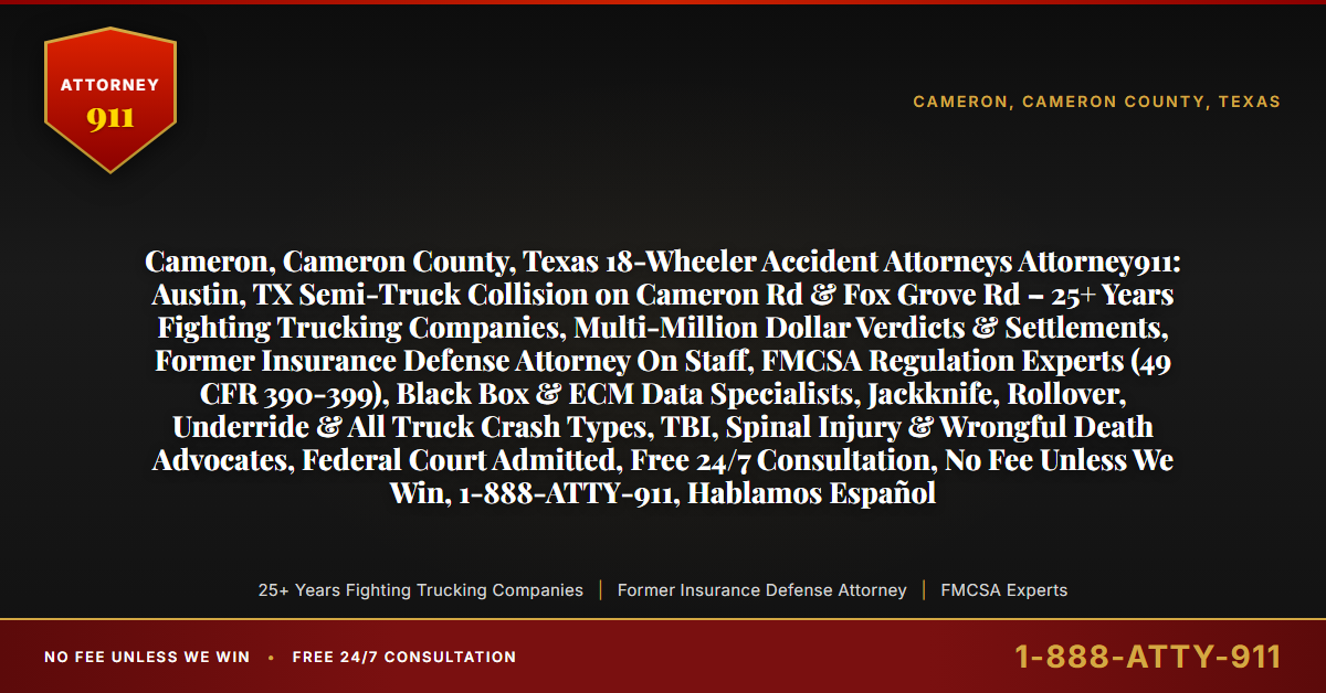 Cameron, Cameron County, Texas 18-Wheeler Accident Attorneys Attorney911: Austin, TX Semi-Truck Collision on Cameron Rd & Fox Grove Rd – 25+ Years Fighting Trucking Companies, Multi-Million Dollar Verdicts & Settlements, Former Insurance Defense Attorney On Staff, FMCSA Regulation Experts (49 CFR 390-399), Black Box & ECM Data Specialists, Jackknife, Rollover, Underride & All Truck Crash Types, TBI, Spinal Injury & Wrongful Death Advocates, Federal Court Admitted, Free 24/7 Consultation, No Fee Unless We Win, 1-888-ATTY-911, Hablamos Español - Attorney911