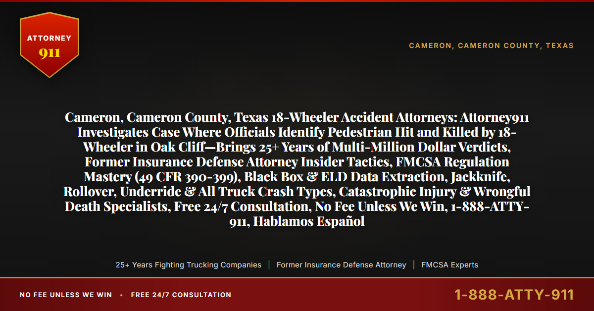 Cameron, Cameron County, Texas 18-Wheeler Accident Attorneys: Attorney911 Investigates Case Where Officials Identify Pedestrian Hit and Killed by 18-Wheeler in Oak Cliff—Brings 25+ Years of Multi-Million Dollar Verdicts, Former Insurance Defense Attorney Insider Tactics, FMCSA Regulation Mastery (49 CFR 390-399), Black Box & ELD Data Extraction, Jackknife, Rollover, Underride & All Truck Crash Types, Catastrophic Injury & Wrongful Death Specialists, Free 24/7 Consultation, No Fee Unless We Win, 1-888-ATTY-911, Hablamos Español - Attorney911