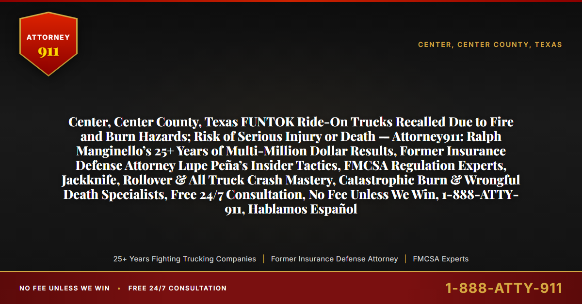 Center, Center County, Texas FUNTOK Ride-On Trucks Recalled Due to Fire and Burn Hazards; Risk of Serious Injury or Death — Attorney911: Ralph Manginello’s 25+ Years of Multi-Million Dollar Results, Former Insurance Defense Attorney Lupe Peña’s Insider Tactics, FMCSA Regulation Experts, Jackknife, Rollover & All Truck Crash Mastery, Catastrophic Burn & Wrongful Death Specialists, Free 24/7 Consultation, No Fee Unless We Win, 1-888-ATTY-911, Hablamos Español - Attorney911