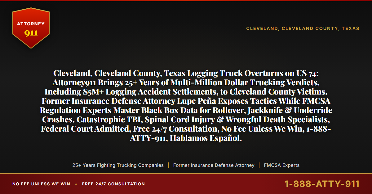 Cleveland, Cleveland County, Texas Logging Truck Overturns on US 74: Attorney911 Brings 25+ Years of Multi-Million Dollar Trucking Verdicts, Including $5M+ Logging Accident Settlements, to Cleveland County Victims. Former Insurance Defense Attorney Lupe Peña Exposes Tactics While FMCSA Regulation Experts Master Black Box Data for Rollover, Jackknife & Underride Crashes. Catastrophic TBI, Spinal Cord Injury & Wrongful Death Specialists, Federal Court Admitted, Free 24/7 Consultation, No Fee Unless We Win, 1-888-ATTY-911, Hablamos Español. - Attorney911