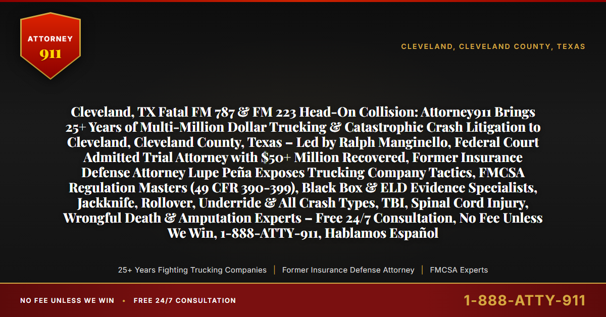 Cleveland, TX Fatal FM 787 & FM 223 Head-On Collision: Attorney911 Brings 25+ Years of Multi-Million Dollar Trucking & Catastrophic Crash Litigation to Cleveland, Cleveland County, Texas – Led by Ralph Manginello, Federal Court Admitted Trial Attorney with $50+ Million Recovered, Former Insurance Defense Attorney Lupe Peña Exposes Trucking Company Tactics, FMCSA Regulation Masters (49 CFR 390-399), Black Box & ELD Evidence Specialists, Jackknife, Rollover, Underride & All Crash Types, TBI, Spinal Cord Injury, Wrongful Death & Amputation Experts – Free 24/7 Consultation, No Fee Unless We Win, 1-888-ATTY-911, Hablamos Español - Attorney911
