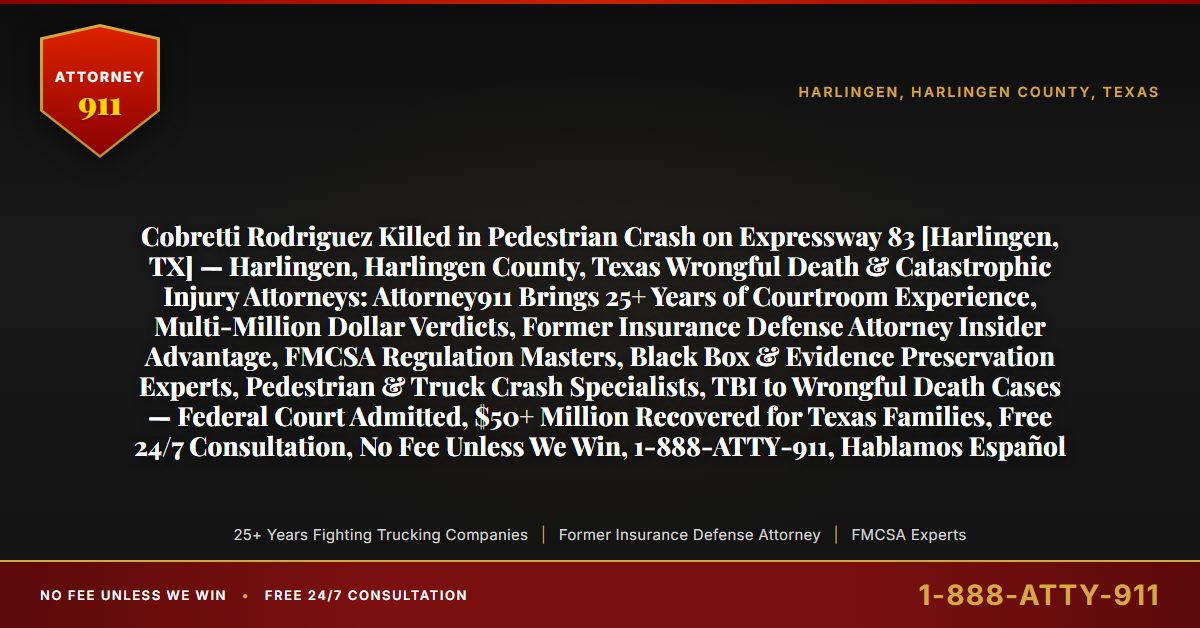 Cobretti Rodriguez Killed in Pedestrian Crash on Expressway 83 [Harlingen, TX] — Harlingen, Harlingen County, Texas Wrongful Death & Catastrophic Injury Attorneys: Attorney911 Brings 25+ Years of Courtroom Experience, Multi-Million Dollar Verdicts, Former Insurance Defense Attorney Insider Advantage, FMCSA Regulation Masters, Black Box & Evidence Preservation Experts, Pedestrian & Truck Crash Specialists, TBI to Wrongful Death Cases — Federal Court Admitted, $50+ Million Recovered for Texas Families, Free 24/7 Consultation, No Fee Unless We Win, 1-888-ATTY-911, Hablamos Español - Attorney911