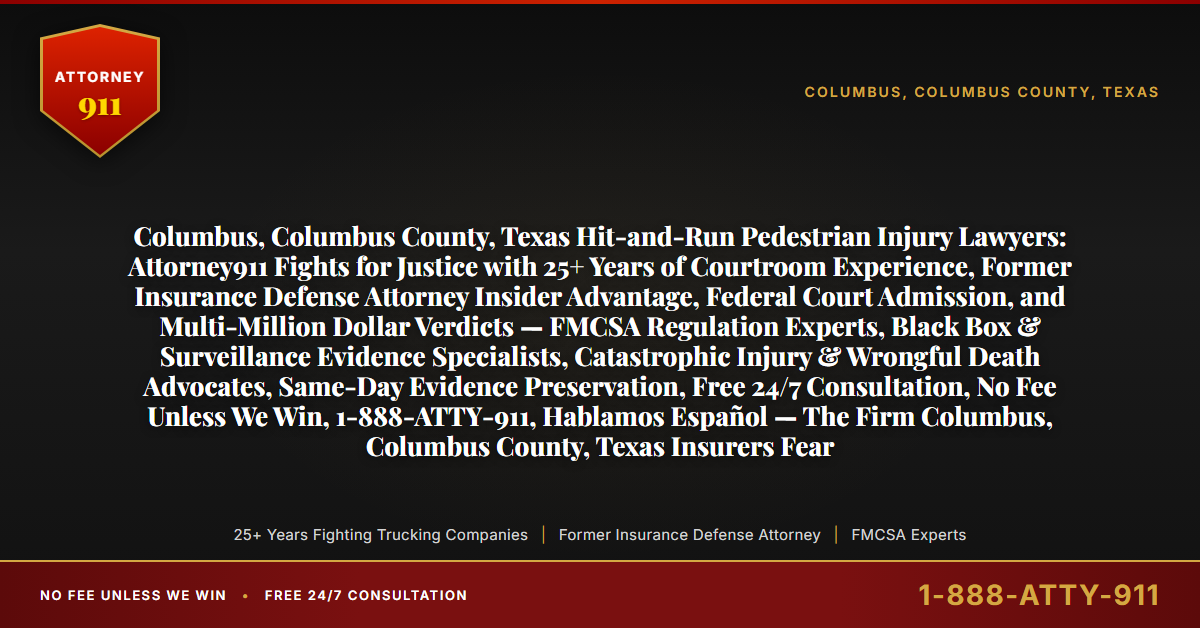 Columbus, Columbus County, Texas Hit-and-Run Pedestrian Injury Lawyers: Attorney911 Fights for Justice with 25+ Years of Courtroom Experience, Former Insurance Defense Attorney Insider Advantage, Federal Court Admission, and Multi-Million Dollar Verdicts — FMCSA Regulation Experts, Black Box & Surveillance Evidence Specialists, Catastrophic Injury & Wrongful Death Advocates, Same-Day Evidence Preservation, Free 24/7 Consultation, No Fee Unless We Win, 1-888-ATTY-911, Hablamos Español — The Firm Columbus, Columbus County, Texas Insurers Fear - Attorney911