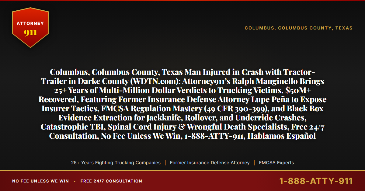 Columbus, Columbus County, Texas Man Injured in Crash with Tractor-Trailer in Darke County (WDTN.com): Attorney911’s Ralph Manginello Brings 25+ Years of Multi-Million Dollar Verdicts to Trucking Victims, $50M+ Recovered, Featuring Former Insurance Defense Attorney Lupe Peña to Expose Insurer Tactics, FMCSA Regulation Mastery (49 CFR 390-399), and Black Box Evidence Extraction for Jackknife, Rollover, and Underride Crashes, Catastrophic TBI, Spinal Cord Injury & Wrongful Death Specialists, Free 24/7 Consultation, No Fee Unless We Win, 1-888-ATTY-911, Hablamos Español - Attorney911