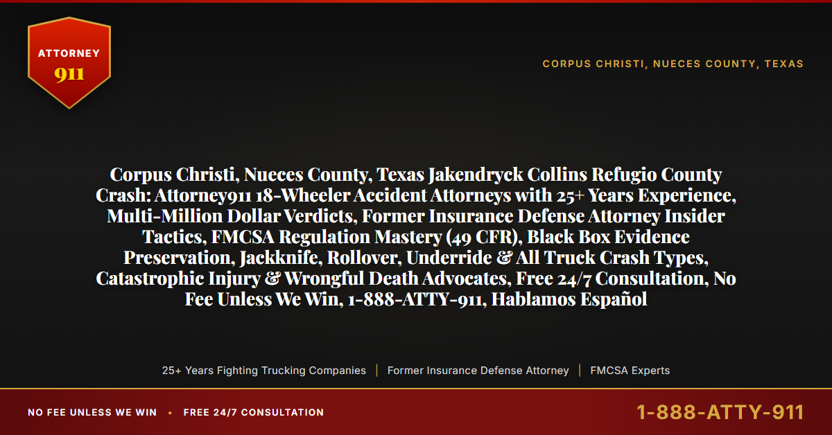 Corpus Christi, Nueces County, Texas Jakendryck Collins Refugio County Crash: Attorney911 18-Wheeler Accident Attorneys with 25+ Years Experience, Multi-Million Dollar Verdicts, Former Insurance Defense Attorney Insider Tactics, FMCSA Regulation Mastery (49 CFR), Black Box Evidence Preservation, Jackknife, Rollover, Underride & All Truck Crash Types, Catastrophic Injury & Wrongful Death Advocates, Free 24/7 Consultation, No Fee Unless We Win, 1-888-ATTY-911, Hablamos Español - Attorney911